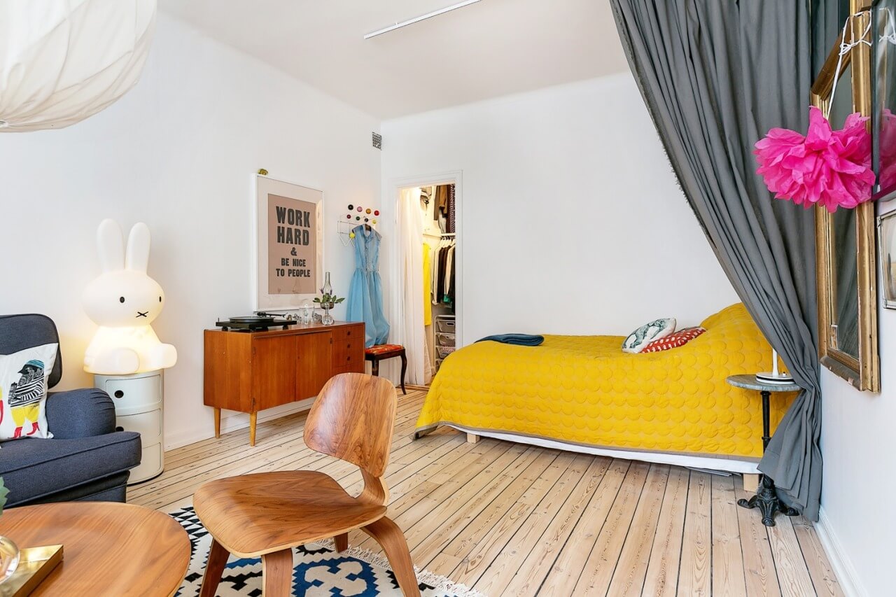 52 Studio Apartments with a Curtain Room Divider 47 gray-curtain-yellow-bedspread-nordroom