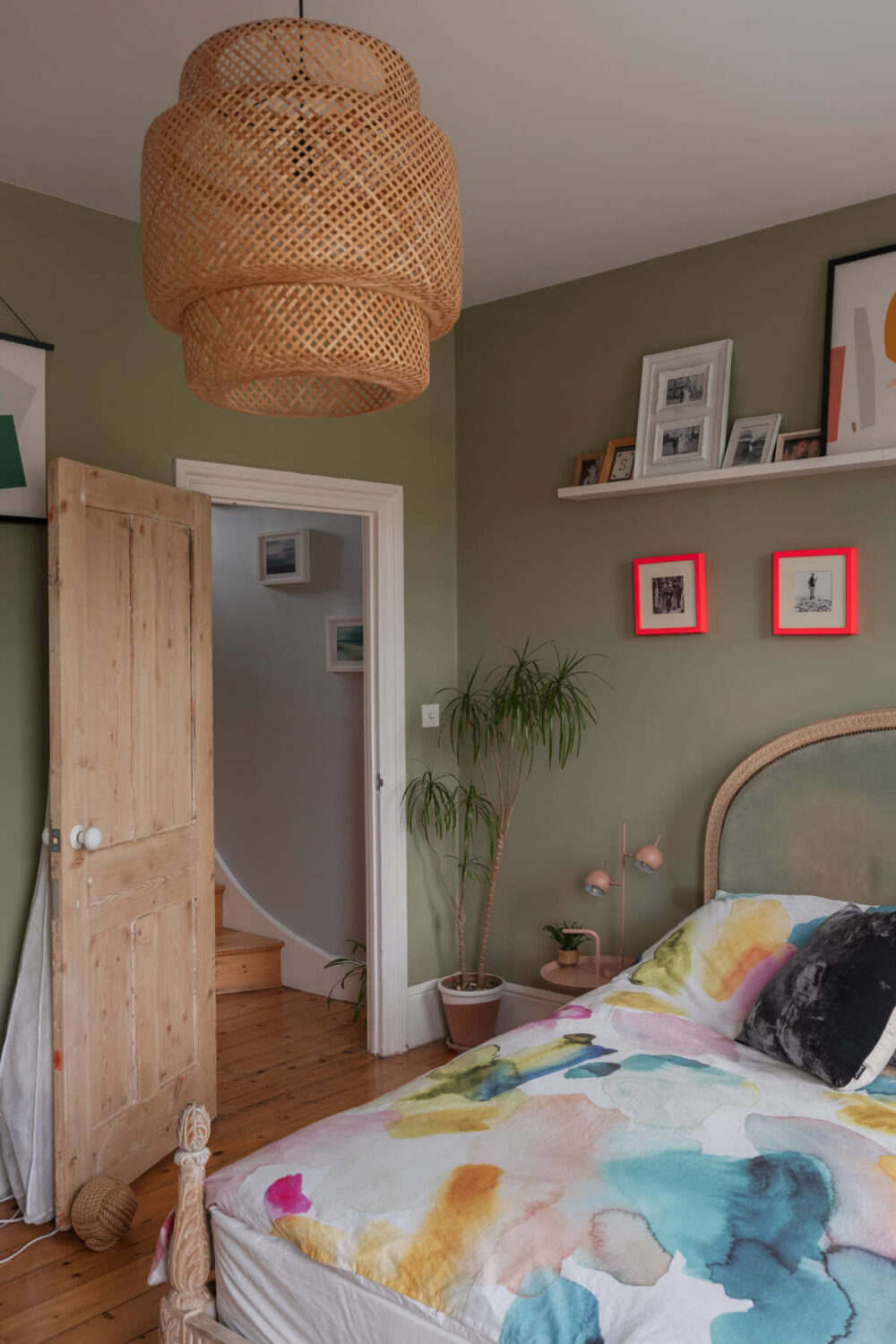 Exposed Brick and Wooden Beams in an Extended London Home 23 gray-green walls bedroom