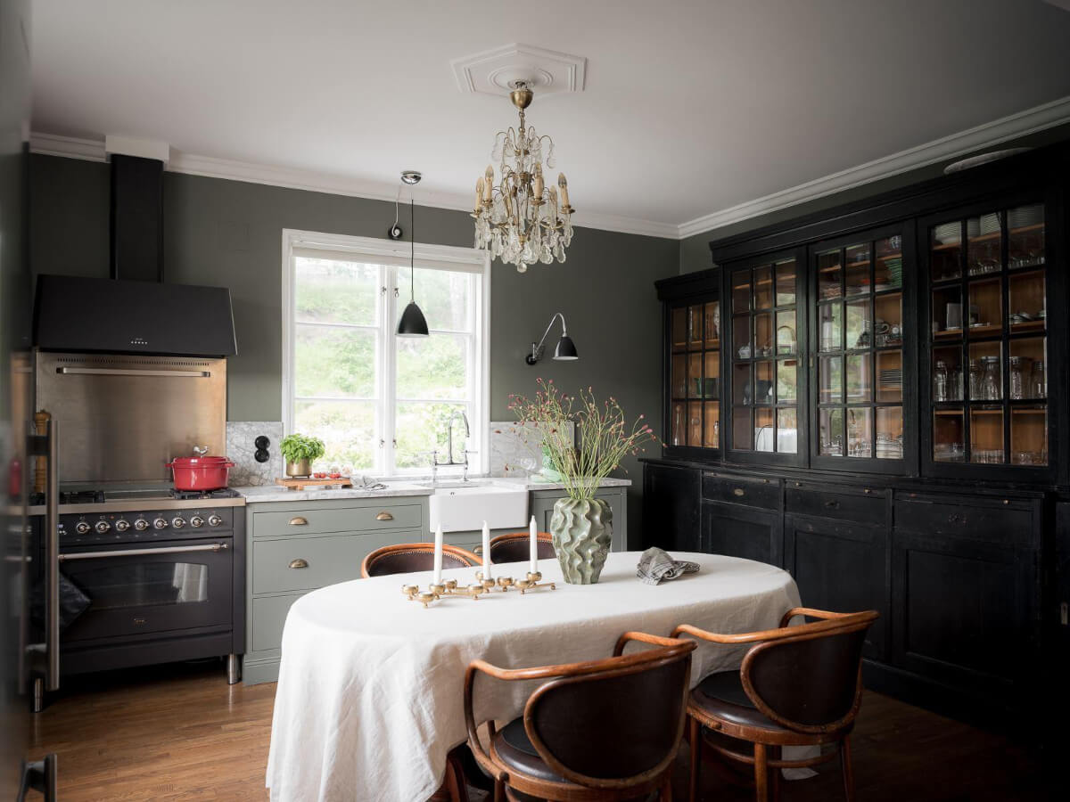 gray kitchen large glass fronted cabinet