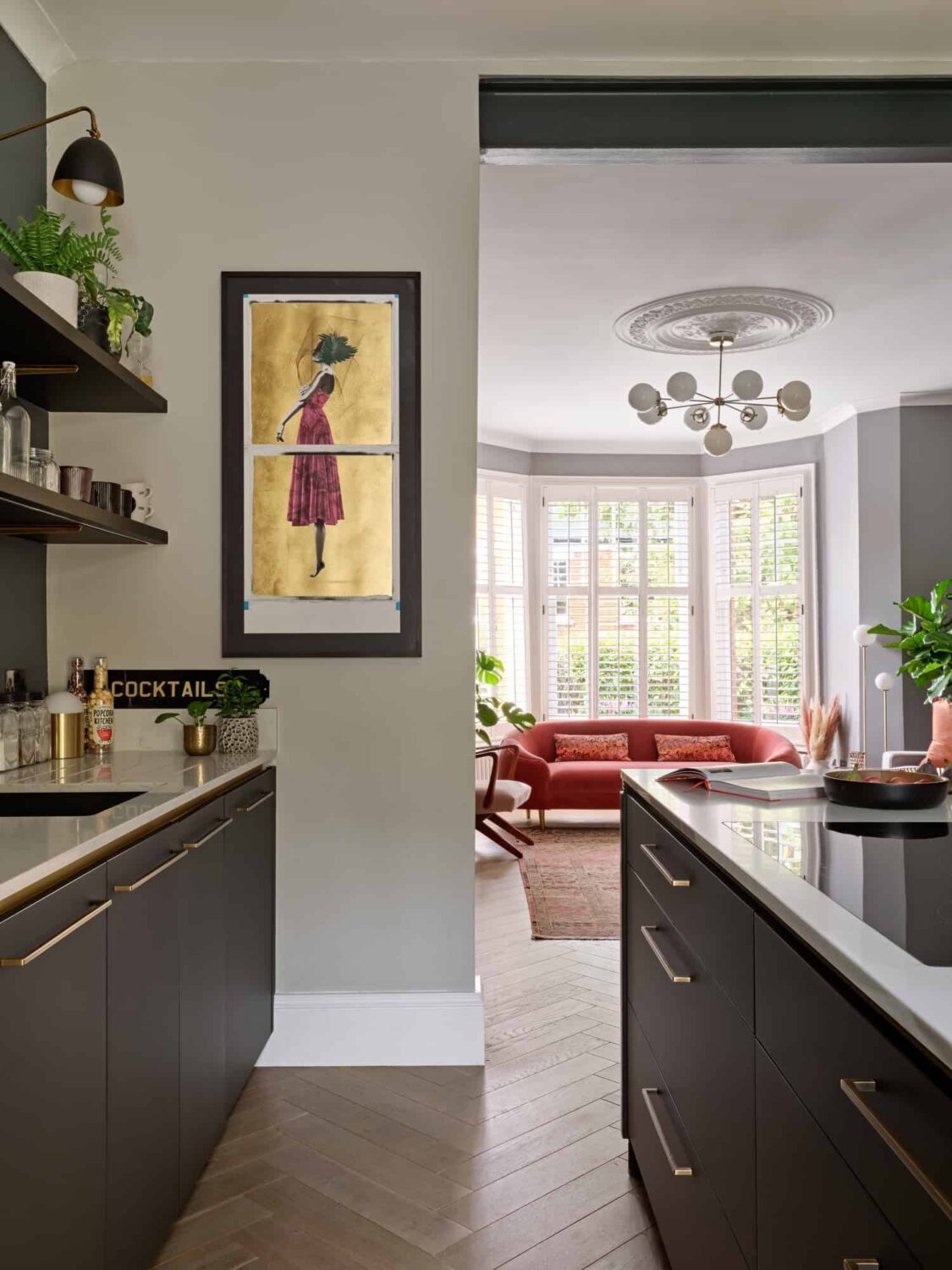 Pink & Gray Rooms in a Victorian Home with a Guest House 7 gray kitchen with island and shelves