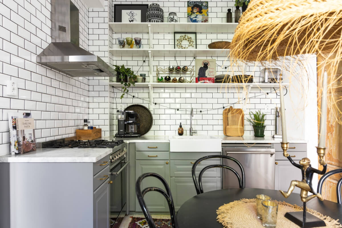 Classic Proportions and a Charming Kitchen in a Malmö Apartment 5 gray kitchen with marble countertop metro tiles and shelves