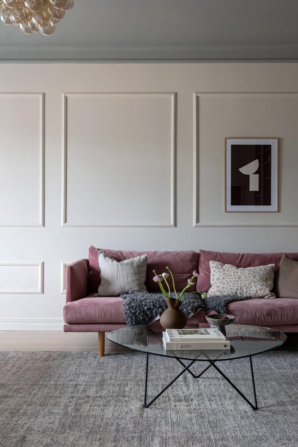 Benjamin Moore Color of the Year 2025: Cinnamon Slate 24 gray living room with purple sofa