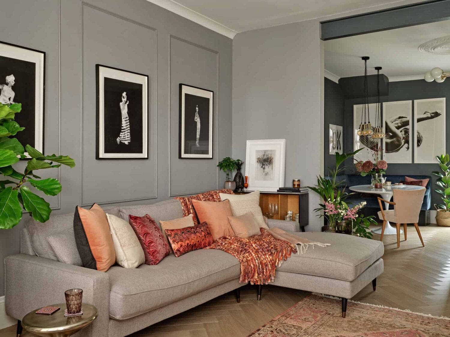 Pink & Gray Rooms in a Victorian Home with a Guest House 4 gray open plan living room and kitchen
