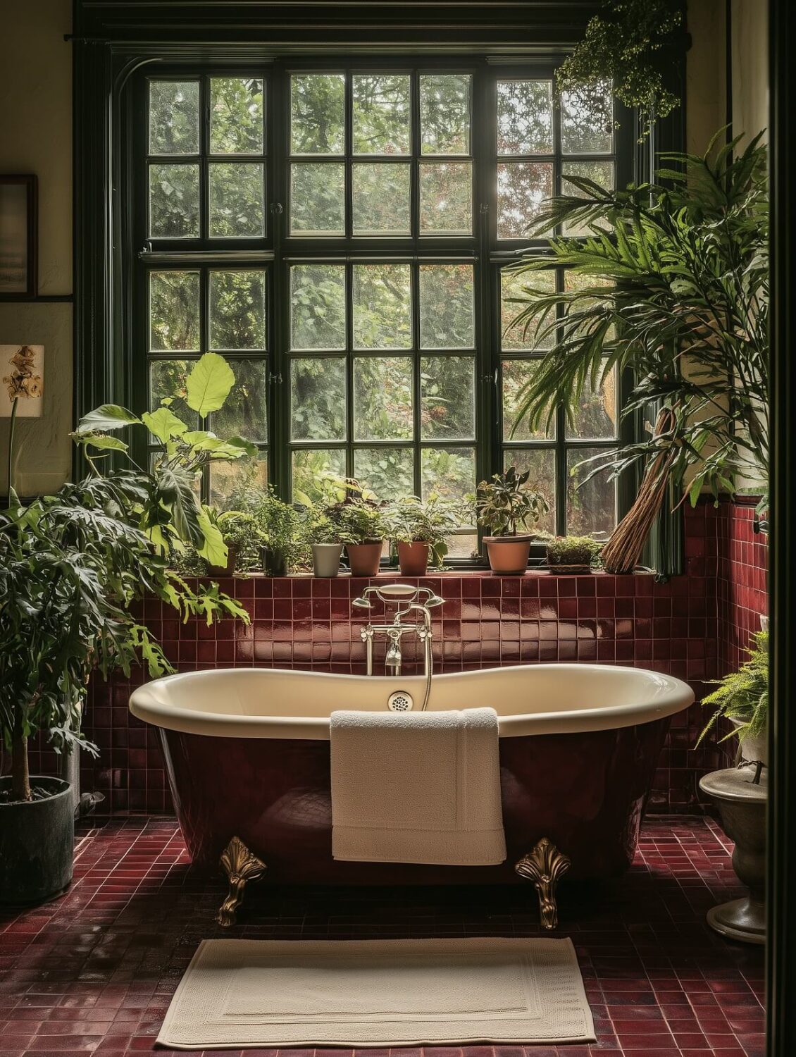 The Color Trends for 2025: Warm, Natural Shades and a Cheerful Accent 44 green and red bathroom with clawfoot bath and plants nordroom 1 The Color Trends for 2025: Warm, Natural Shades and a Cheerful Accent