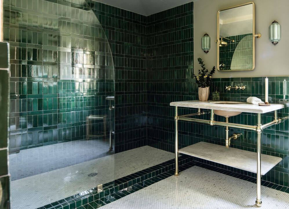 A Reimagined Spanish Colonial Revival Estate in Los Angeles 15 green bathroom large walk-in shower