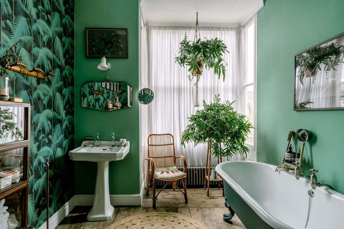 40+ Colorful Bathrooms That Will Spruce Up Your Home 39 green bathroom with plants wooden floor and wallpaper nordroom
