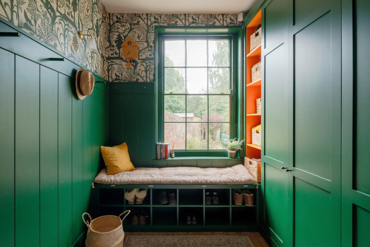 Vibrant Colors in a 19th-Century Regency Townhouse in England 8 green boot room with paneled walls wallpaper