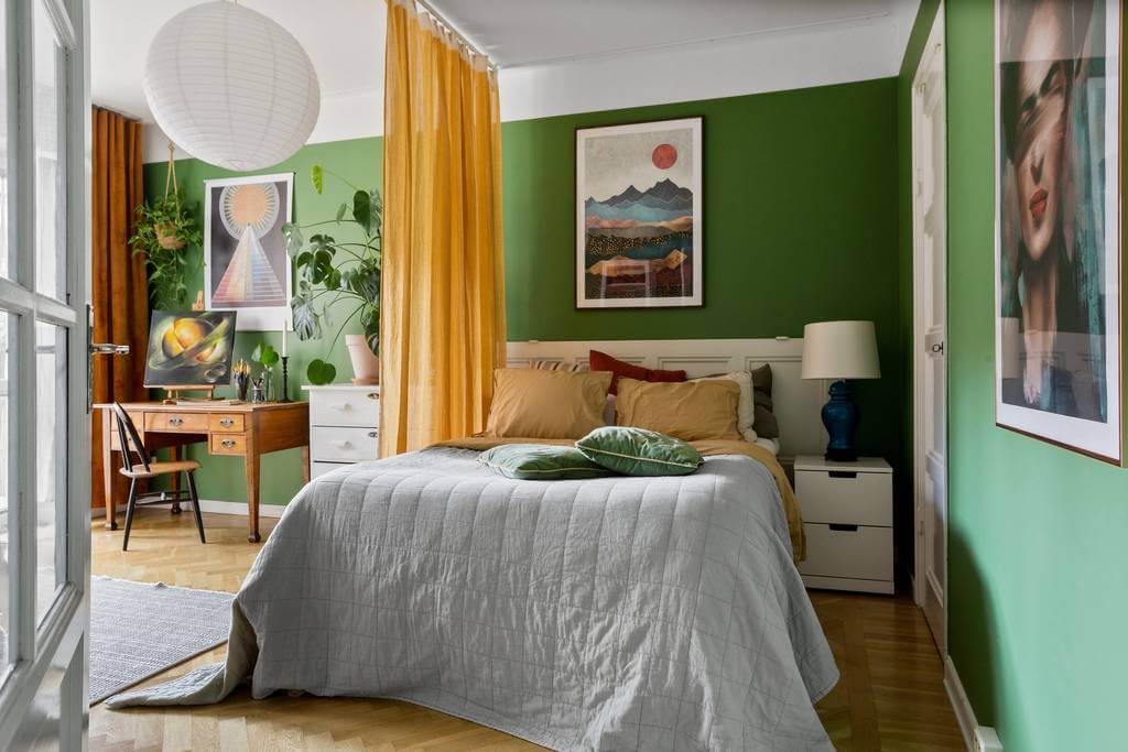 52 Studio Apartments with a Curtain Room Divider 5 green-studio-apartment-yellow-curtain-room-divider-nordroom