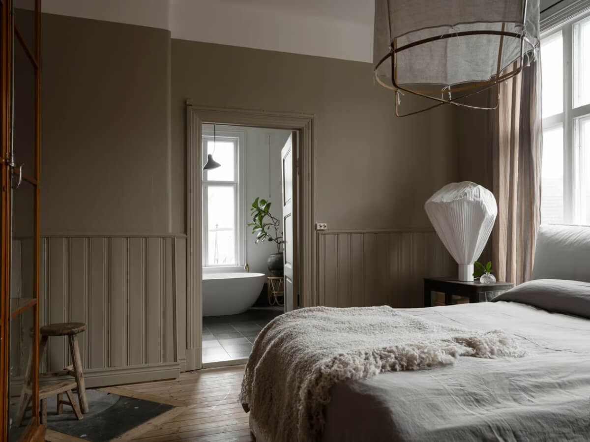 greige bedroom wall paneling en-suite bathroom