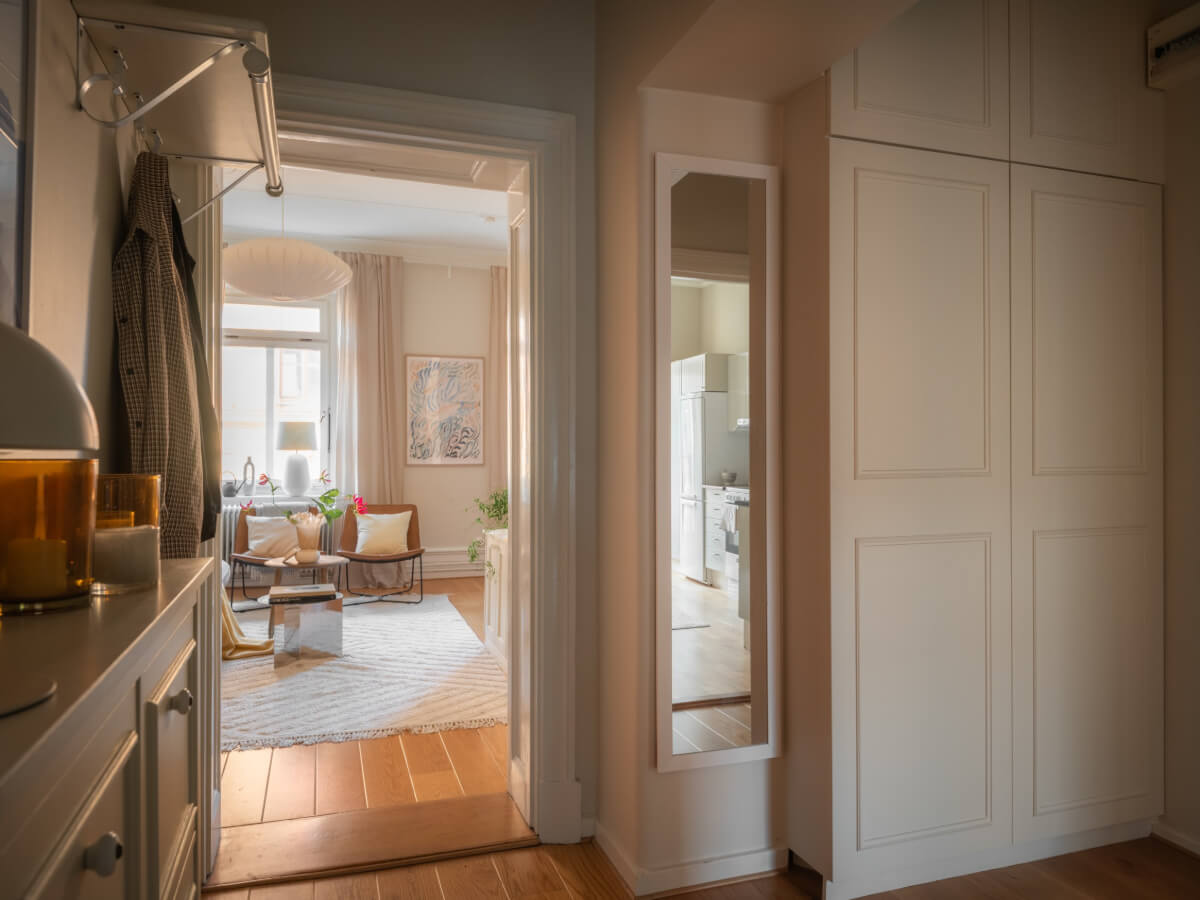 A 19th Century Apartment with a Dark Glass Room Divider 12 hall built-in cabinets mirror