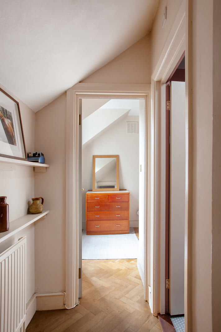 Pastel Tones and Midcentury Design in a Top Floor London Apartment 19 hall herringbone parquet floor Pastel Tones and Midcentury Design in a Top Floor London Apartment