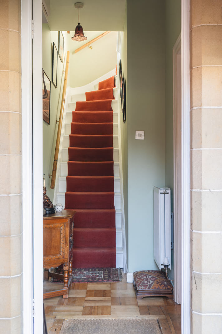 A Sage Green Kitchen in a Charming Arts and Crafts House 5 hall staircase