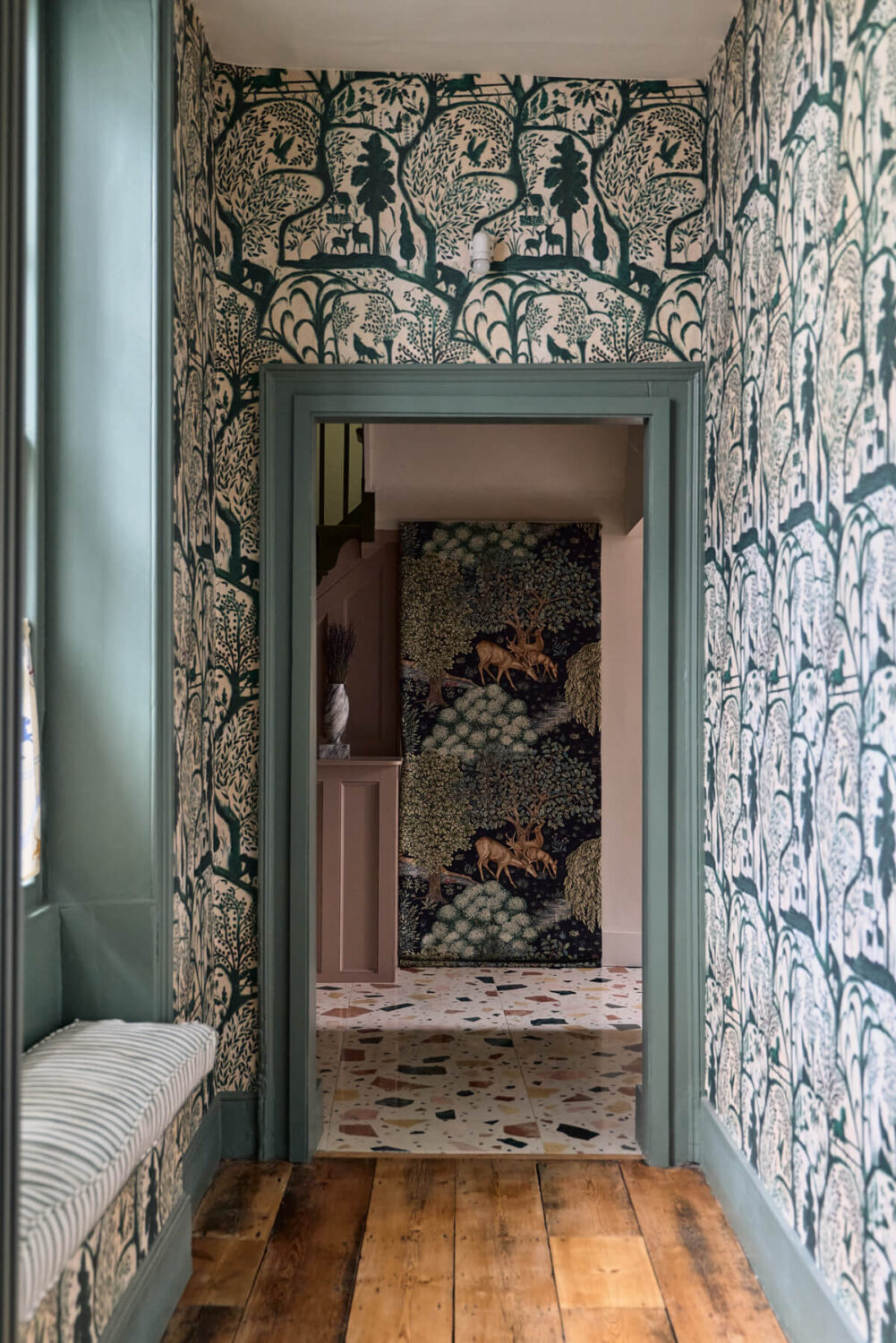 A Colorful Design-Led Georgian House in the Heart of Henley-on-Thames 11 hall wallpaper window bench rustic floorboards A Colorful Design-Led Georgian House in the Heart of Henley-on-Thames