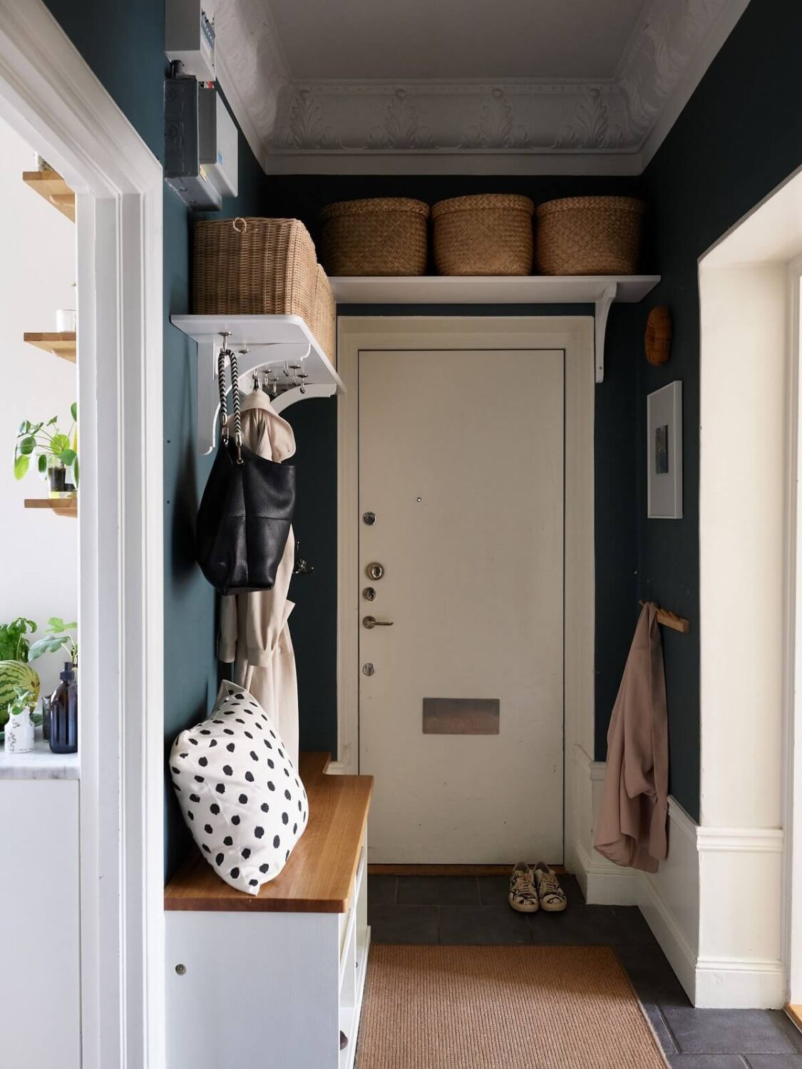 Stylish Small Entryway Ideas with Smart Storage Solutions 7 hallway-entry-shelves-blue-walls-nordroom