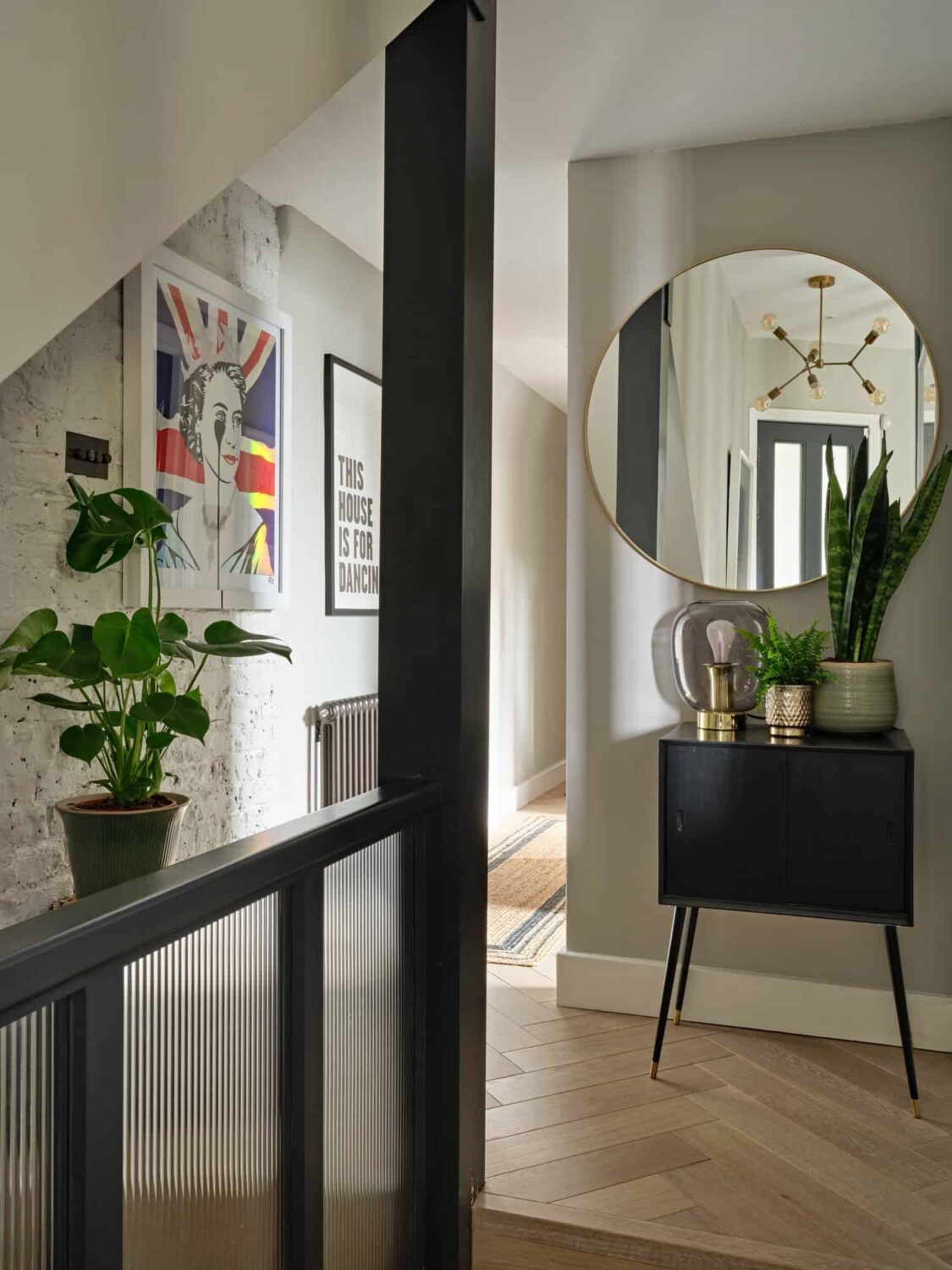 Pink & Gray Rooms in a Victorian Home with a Guest House 9 hallway with round mirror