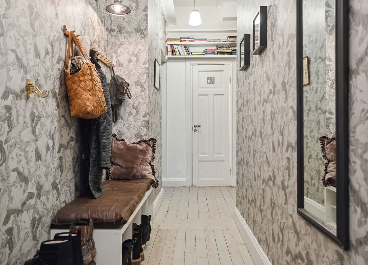 A Swedish Apartment with a Lovely Kitchen 15 hallway-with-wallpaper