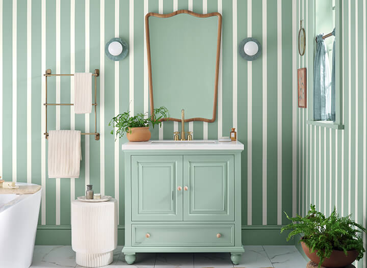 HGTV Home by Sherwin-Williams Color of the Year 2025: Quietude 7 hgtv home color of the year 2025 Quietude stripes bathroom nordroom HGTV Home by Sherwin-Williams Color of the Year 2025: Quietude