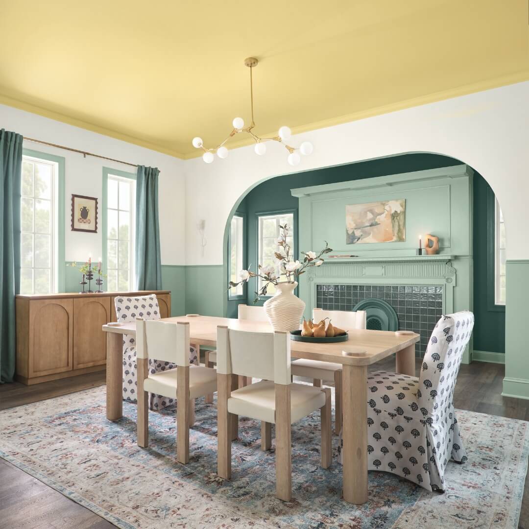 HGTV Home by Sherwin-Williams Color of the Year 2025: Quietude 32 hgtv home color trends 2025 dining space yellow ceiling nordroom