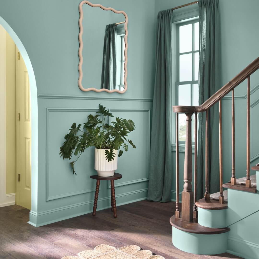 HGTV Home by Sherwin-Williams Color of the Year 2025: Quietude 15 hgtv home color trends 2025 hallway stairs delft wall color nordroom HGTV Home by Sherwin-Williams Color of the Year 2025: Quietude