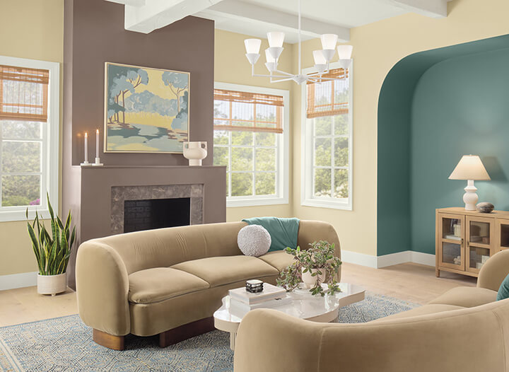 HGTV Home by Sherwin-Williams Color of the Year 2025: Quietude 17 hgtv home color trends 2025 yellow blue living room fireplace nordroom HGTV Home by Sherwin-Williams Color of the Year 2025: Quietude