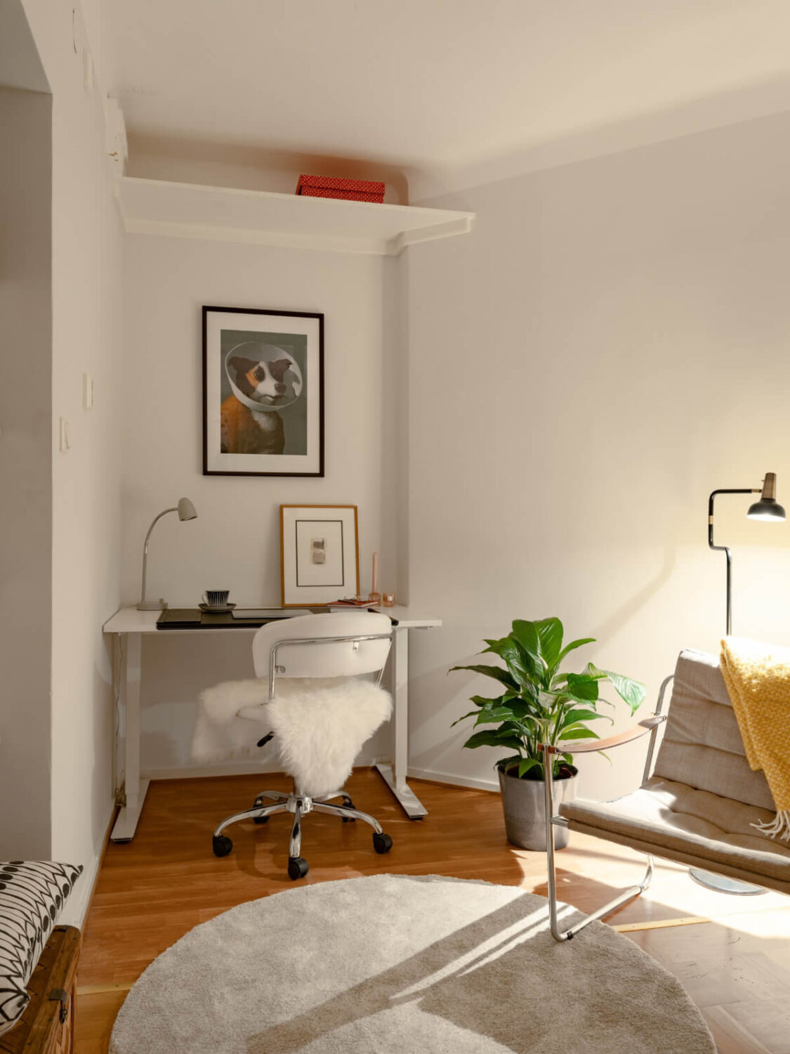 A Light Corner Apartment with a Pale Yellow Kitchen 23 home office