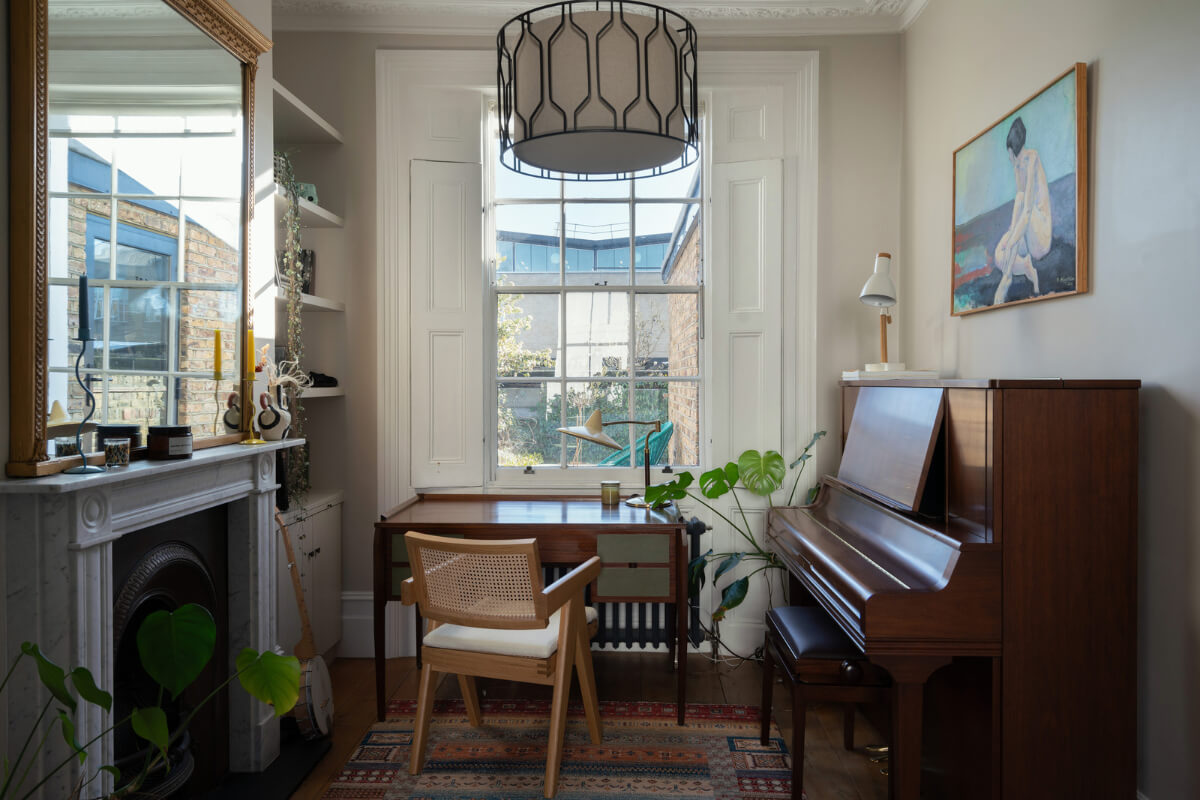 home office large sash window fireplace