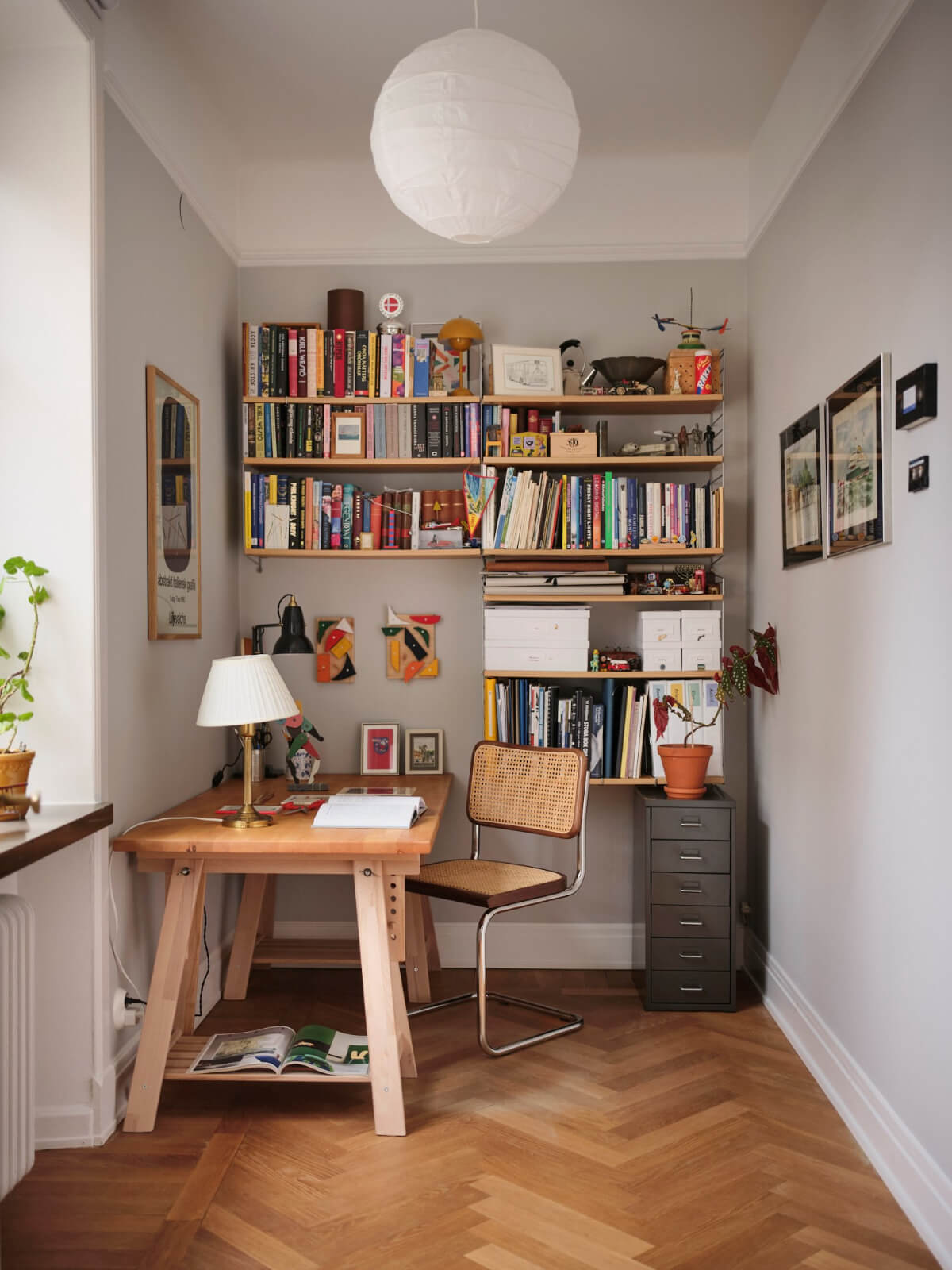 home office wooden desk bookshelves