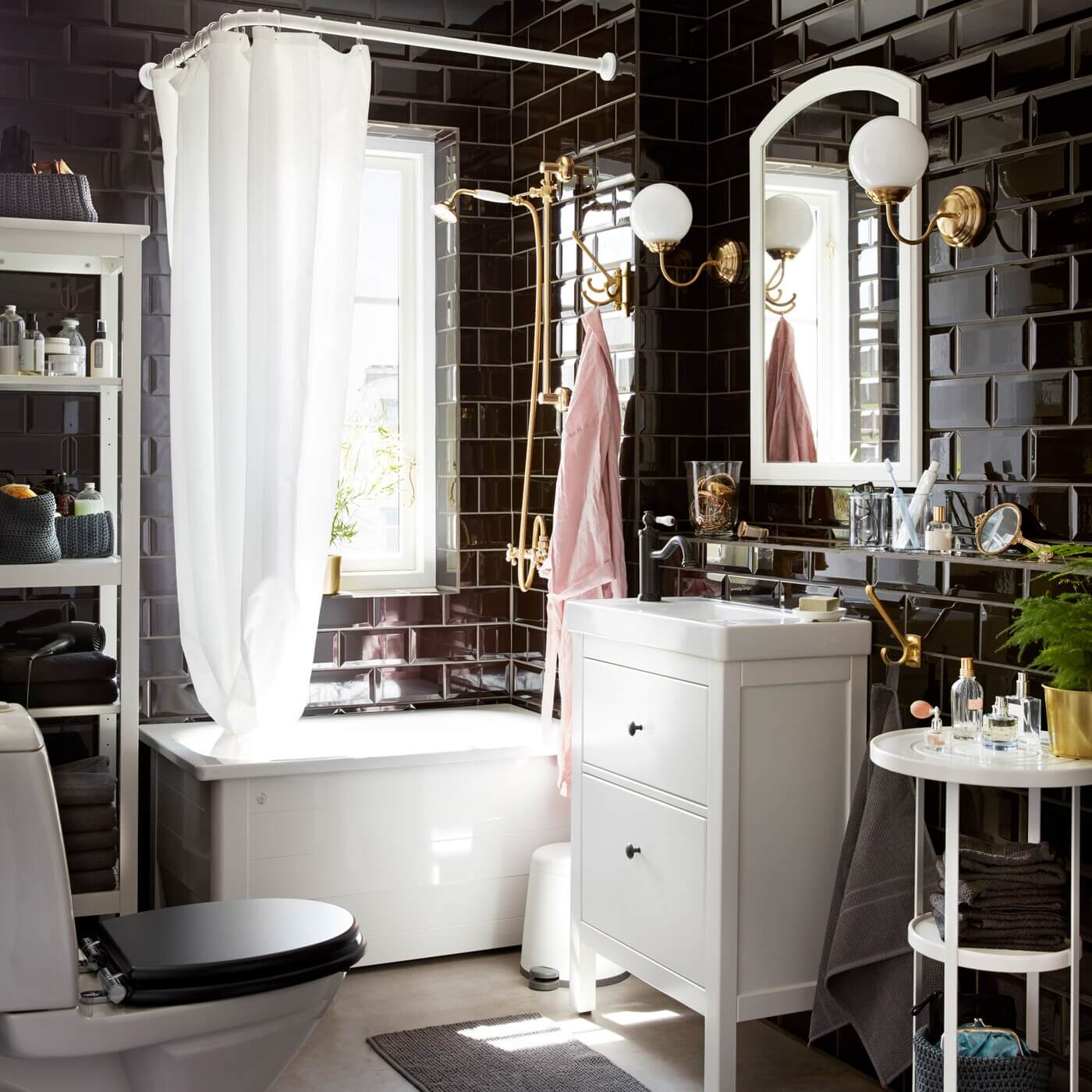 Moody, not Gloomy! Beautiful Dark Small Bathrooms 9 ikea-bathroom-glossy-black-tiles-nordroom