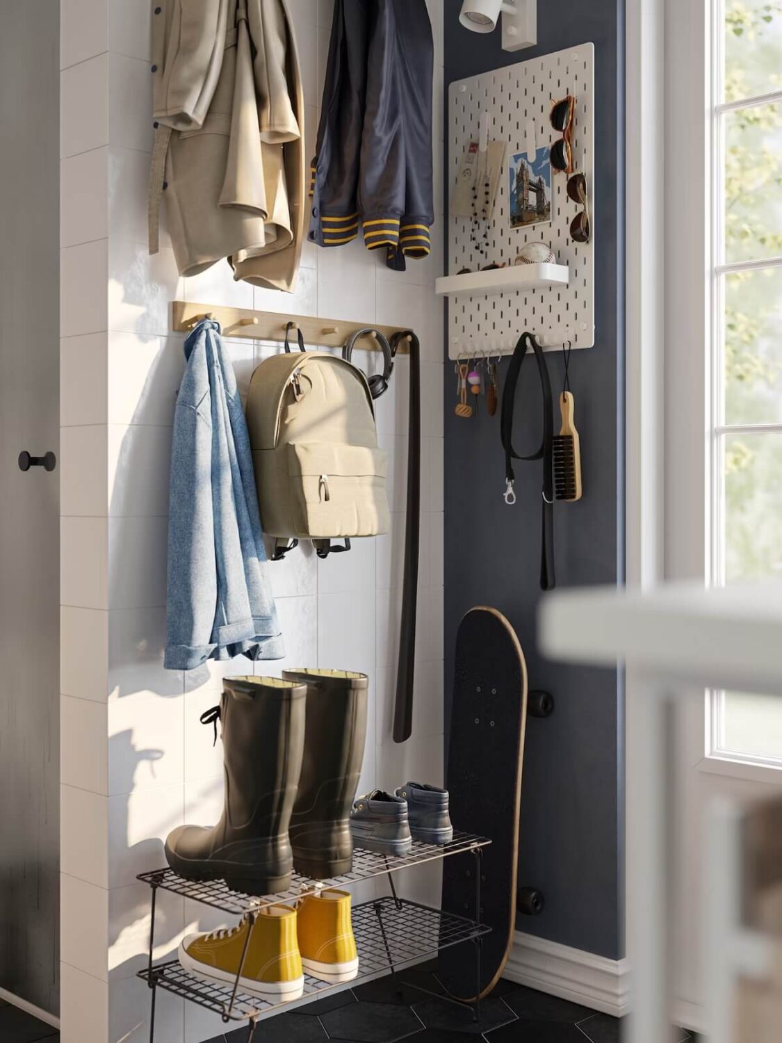 Stylish Small Entryway Ideas with Smart Storage Solutions 19 ikea entryway with shoe storage and peg board for small items nordroom