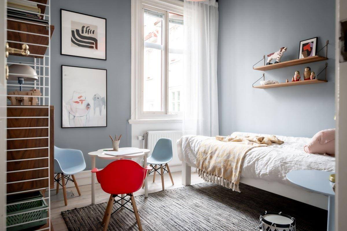 kids bedroom with blue gray walls