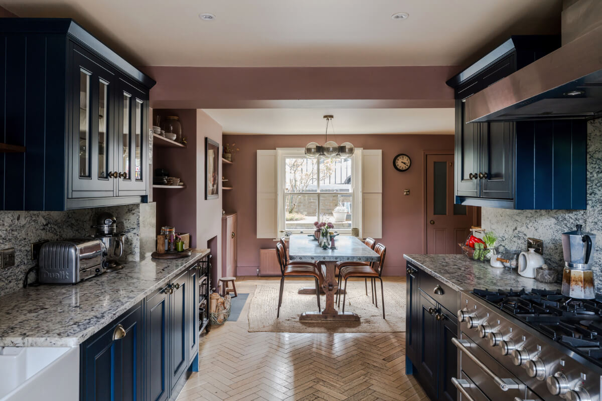 kitchen and dining room blue cabinets
