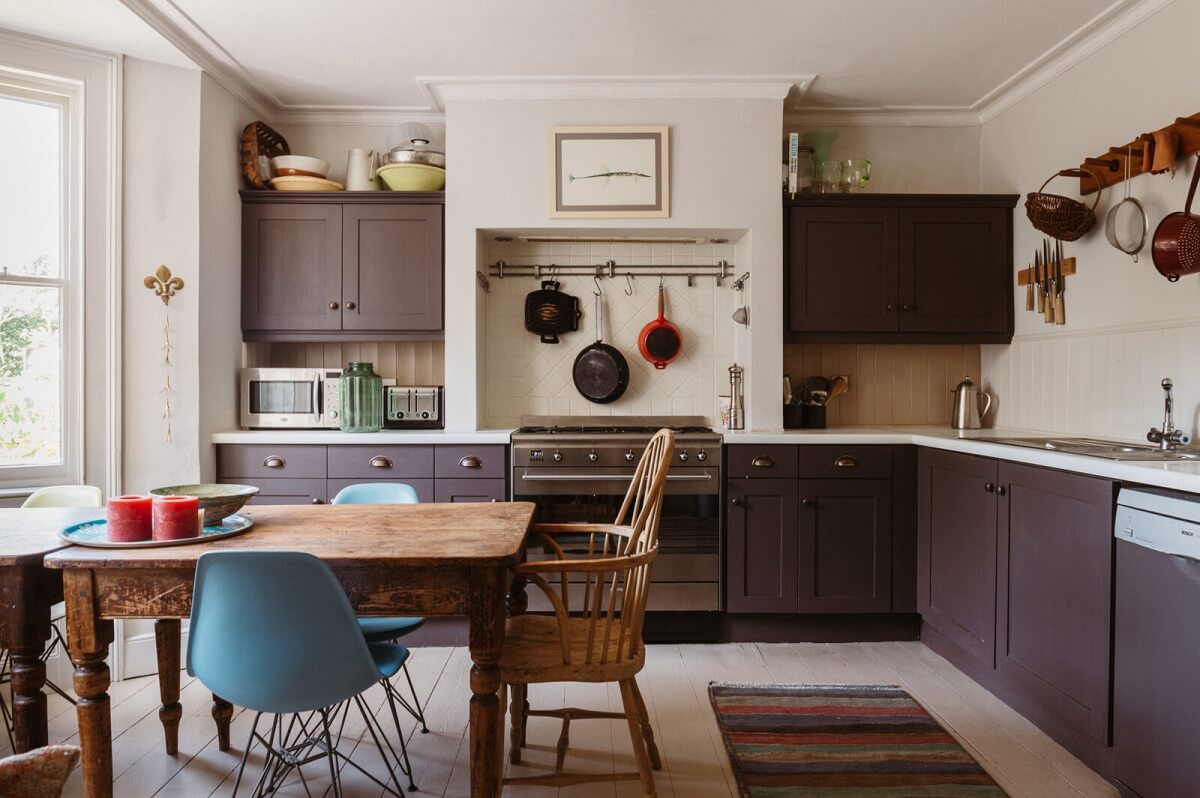 A Cozy Victorian House with Warm Color Accents 10 kitchen-aubergine-colored-cabinets-nordroom