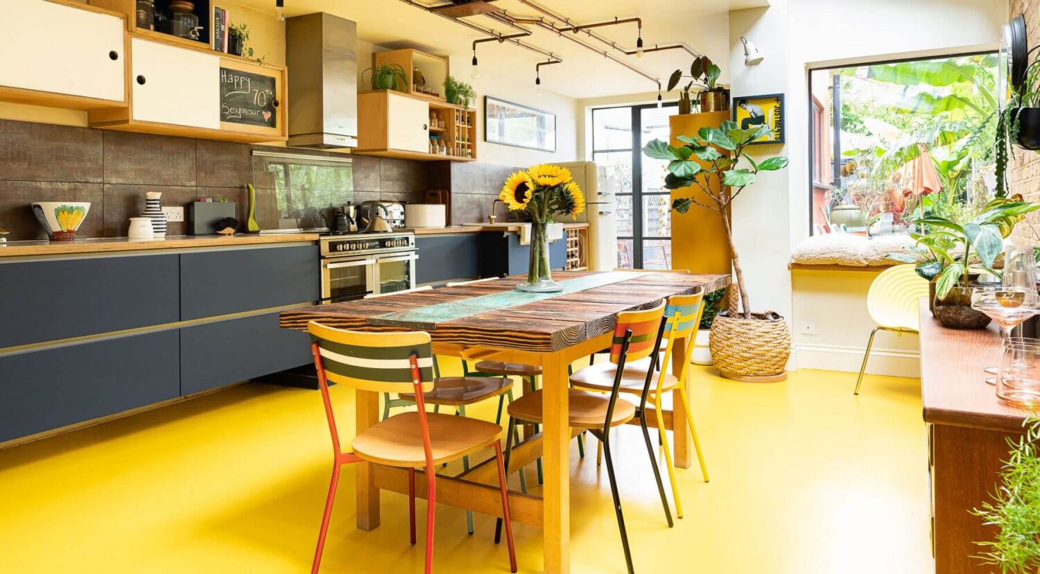 Yellow Kitchen Design Ideas (with Paint Colors) 56 kitchen-blue-cabinets-yellow-floor-nordroom