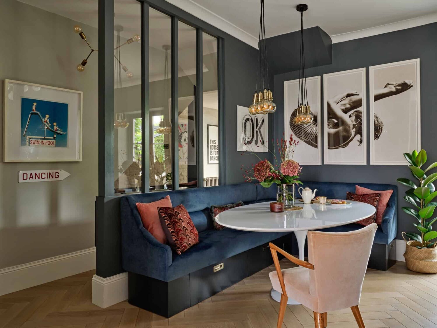 Pink & Gray Rooms in a Victorian Home with a Guest House 8 kitchen breakfast nook with velvet blue bench