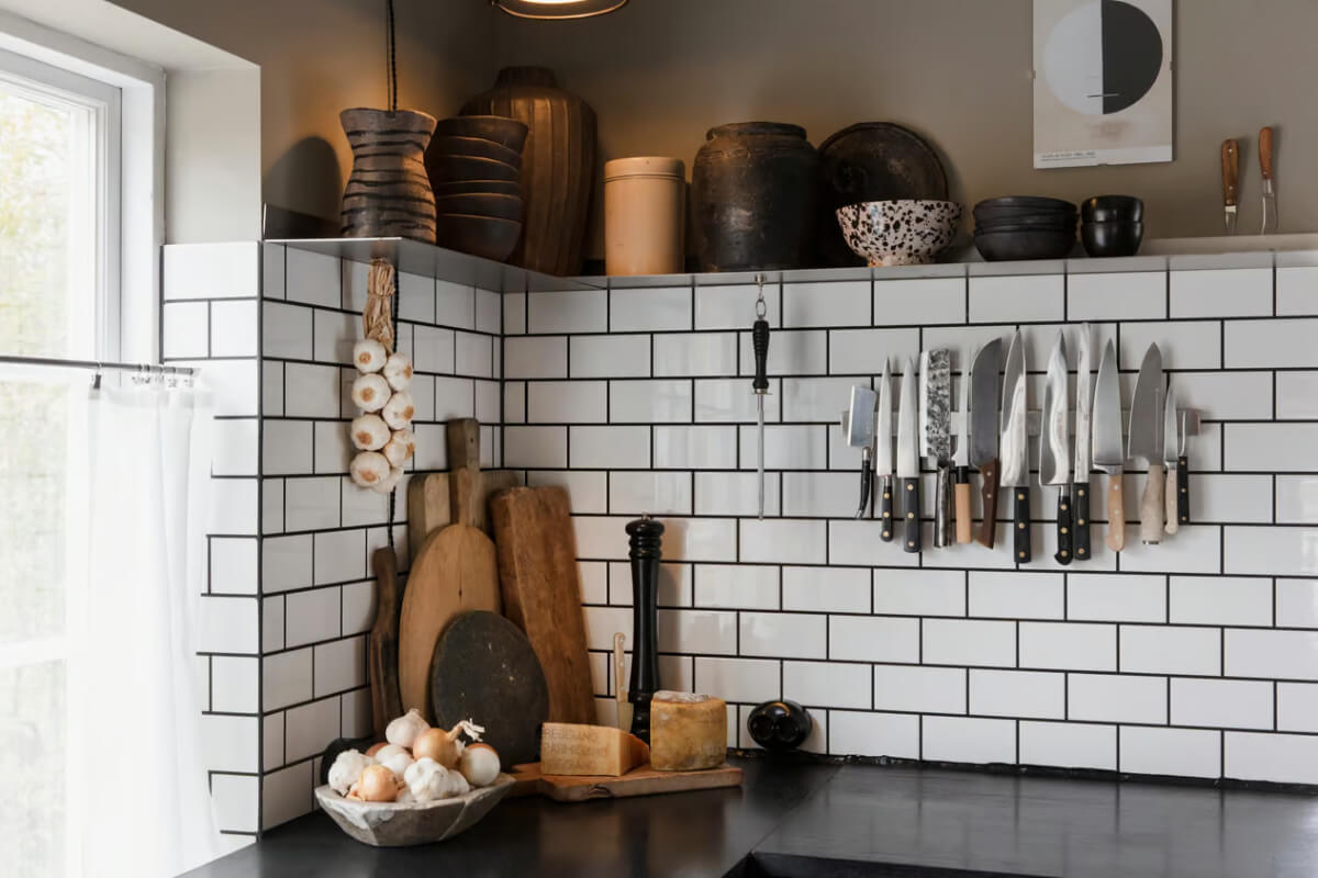 An Open-Plan Gray Home in a Former Textile Factory 8 kitchen detail white tiles shelf