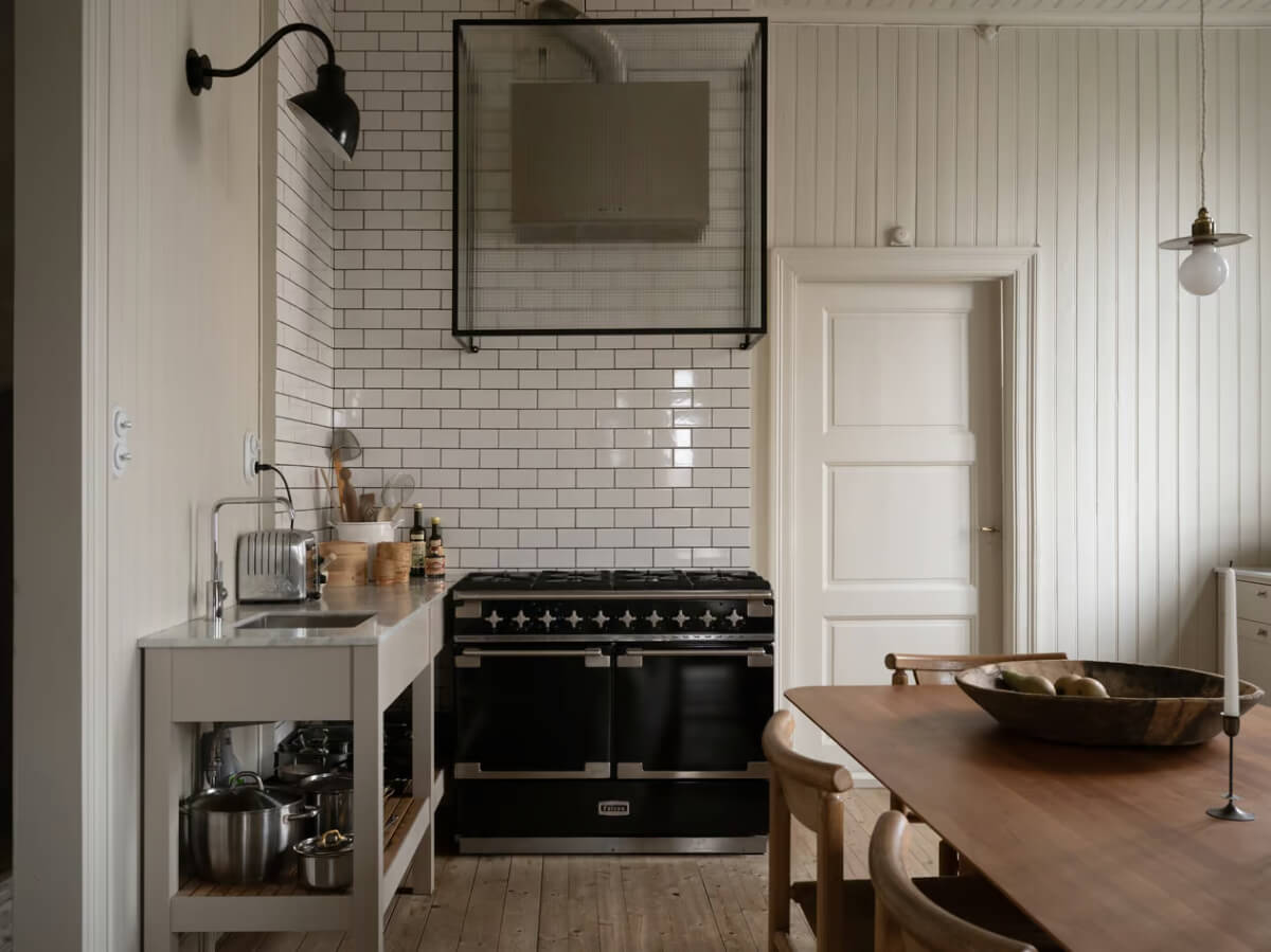 kitchen tongue and groove paneling white subway tiles