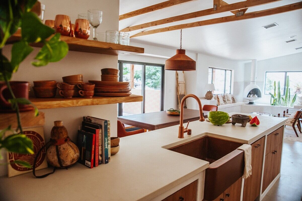 A Colorful Airbnb Home in the Morongo Valley 8 kitchen-white-worktop-wooden-fronts-shelves-nordroom