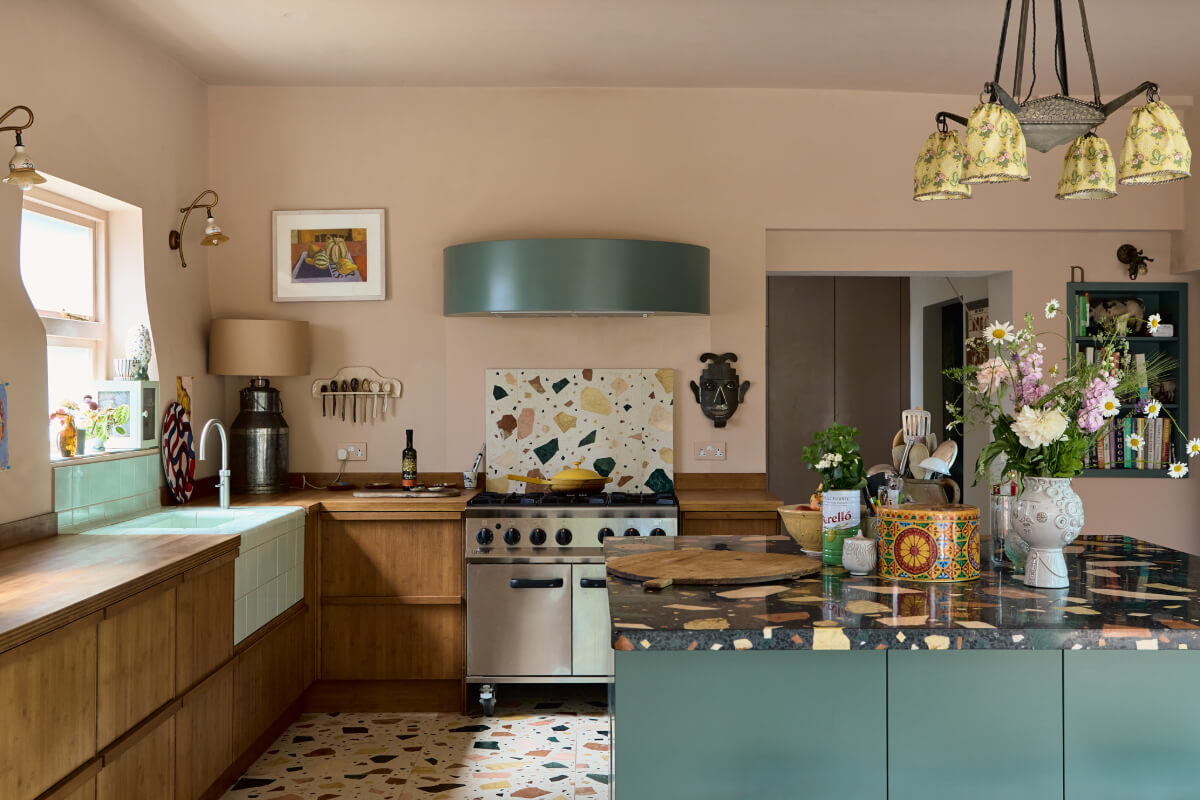 A Colorful Design-Led Georgian House in the Heart of Henley-on-Thames 3 kitchen with island terrazzo tiles