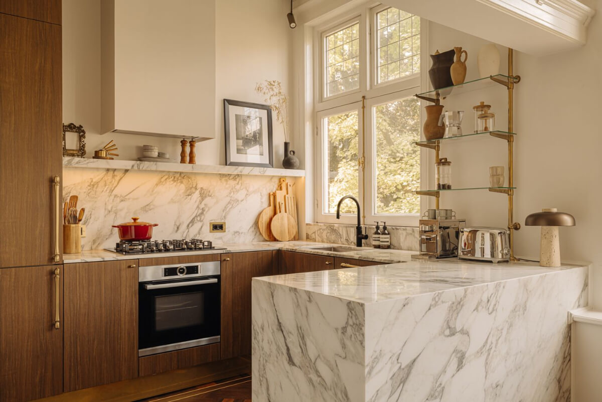 kitchen with open storage marble island
