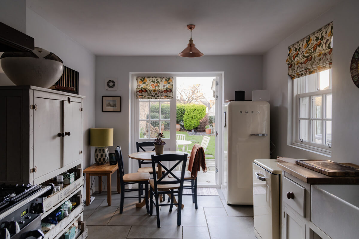 kitchen with stone floor and garden doors