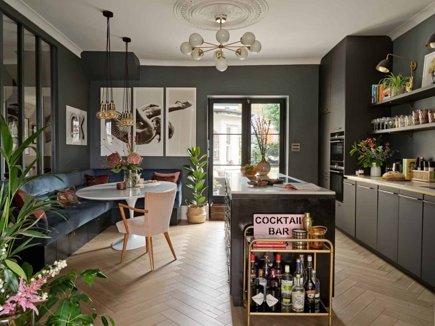 Pink & Gray Rooms in a Victorian Home with a Guest House 5 kitchen with velvet blue breakfast bench