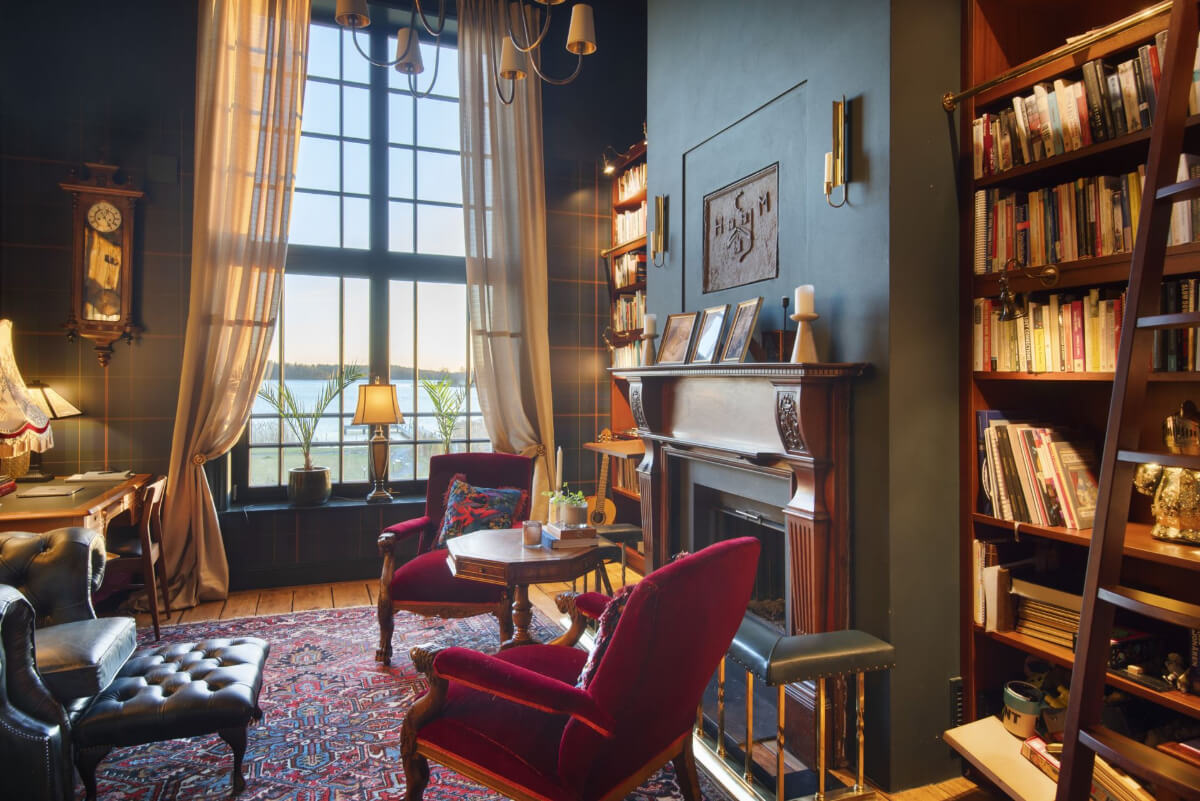 library room with fireplace