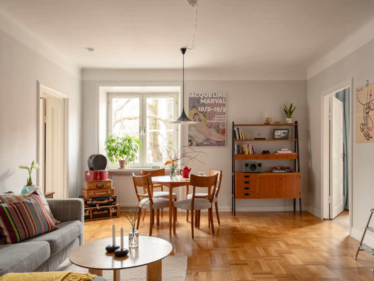 A Light Corner Apartment with a Pale Yellow Kitchen 3 light living room dutch parquet floor