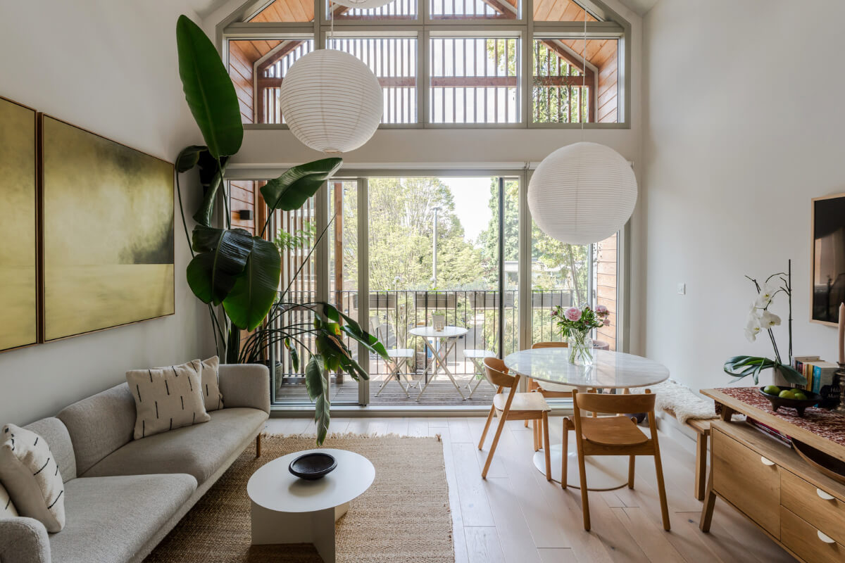 light modern living room high pitched ceiling