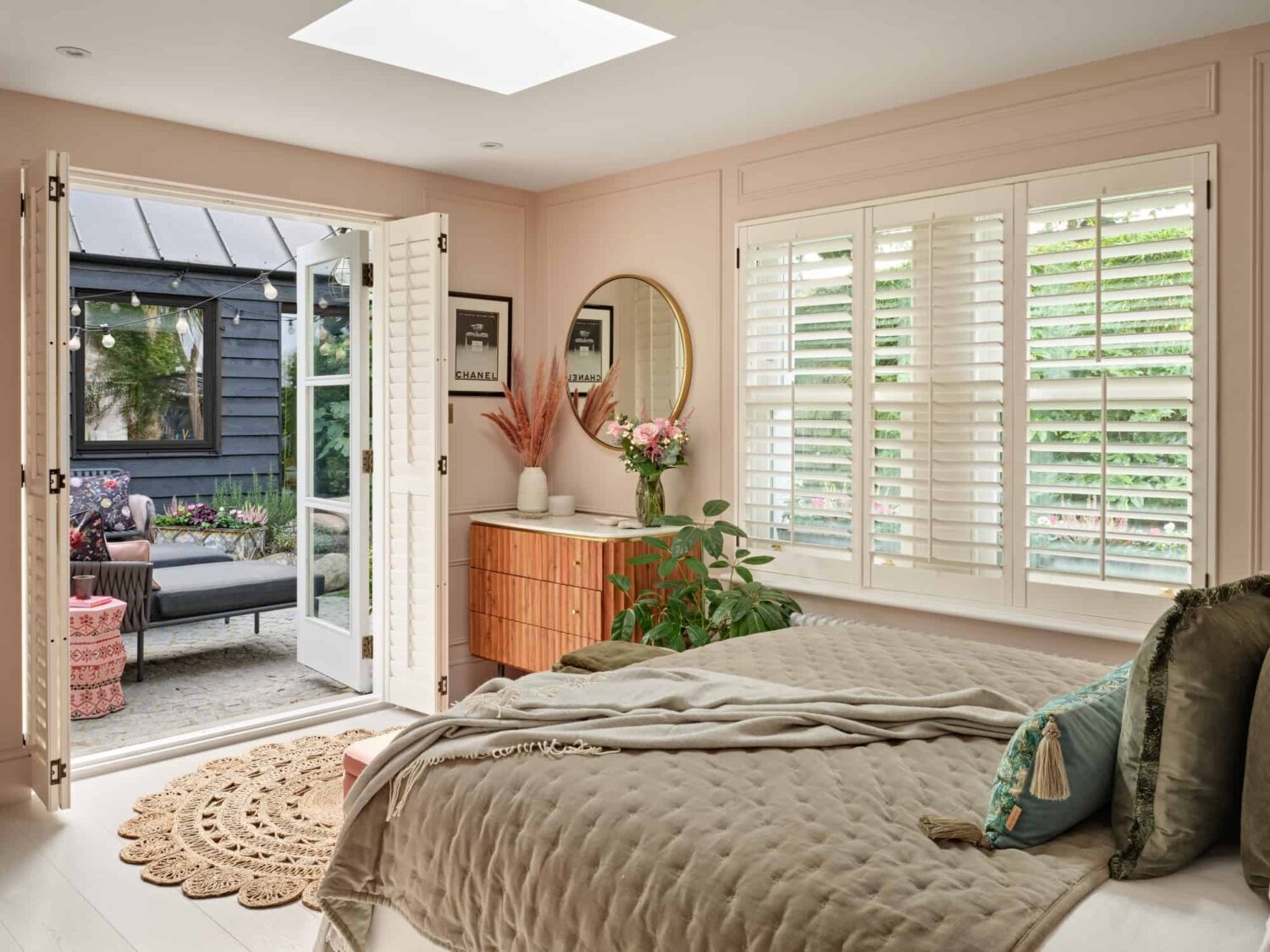 Pink & Gray Rooms in a Victorian Home with a Guest House 10 light pink cottage style bedroom with skylight