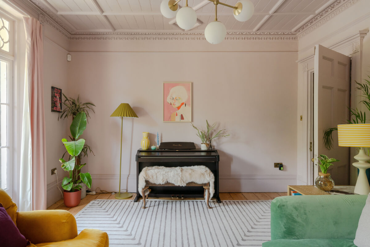 Vibrant Colors in a 19th-Century Regency Townhouse in England 15 light pink living room large rug piano