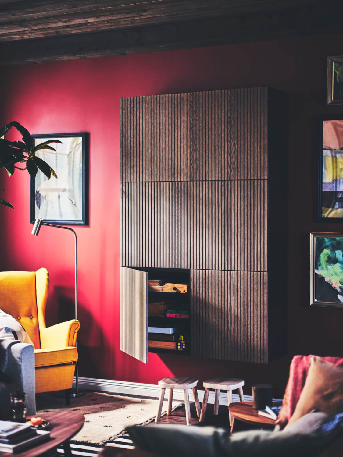 2026 Color of the Year Prediction (with Color Palettes) 19 living room reddish pink wall brown wooden cabinet nordroom