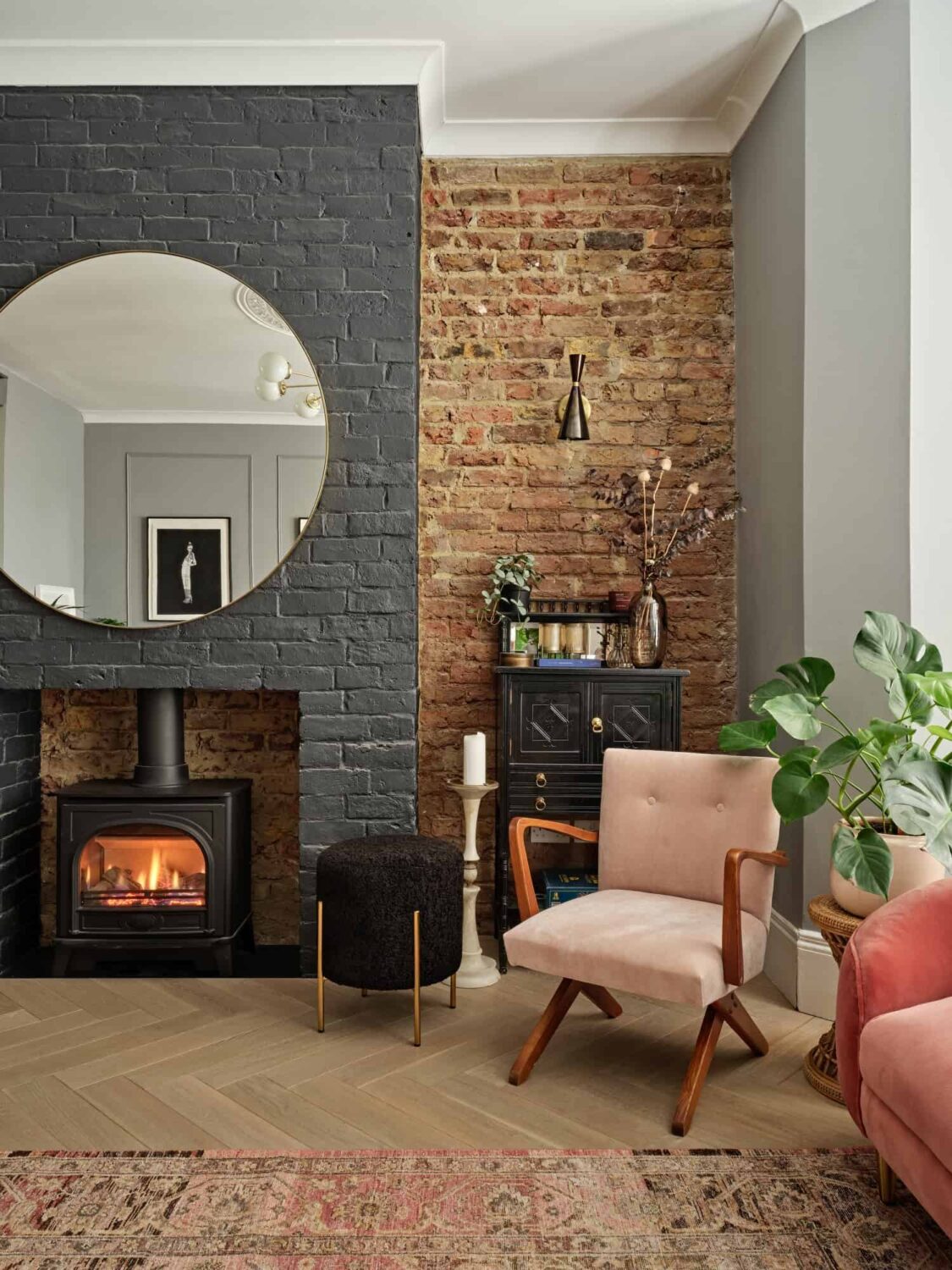 Pink & Gray Rooms in a Victorian Home with a Guest House 2 living room with exposed brick wall