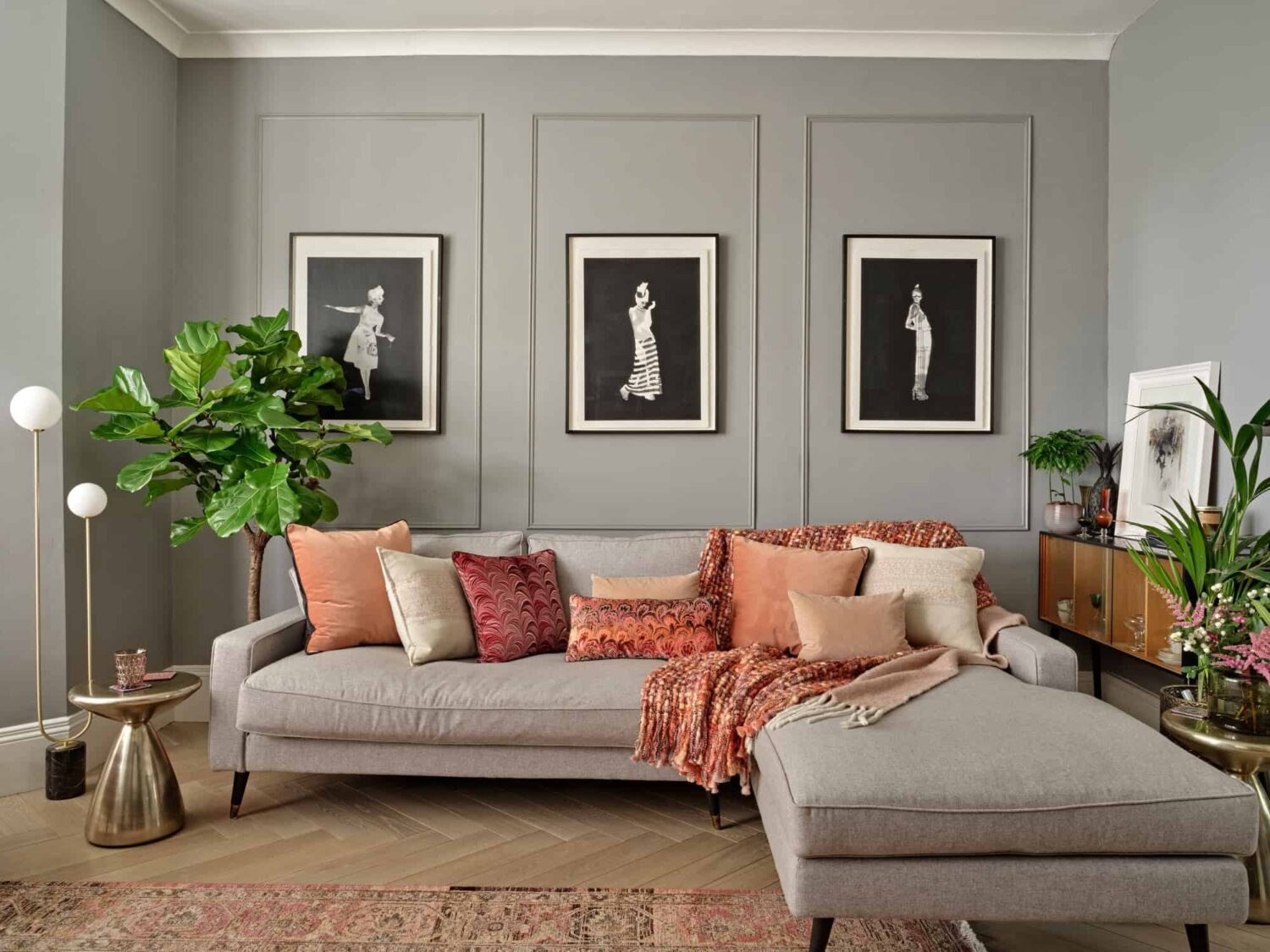 Pink & Gray Rooms in a Victorian Home with a Guest House 3 living room with light gray walls and orange pink cushions