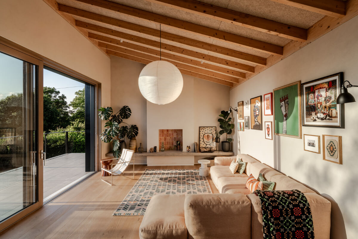living room wooden slanted ceiling